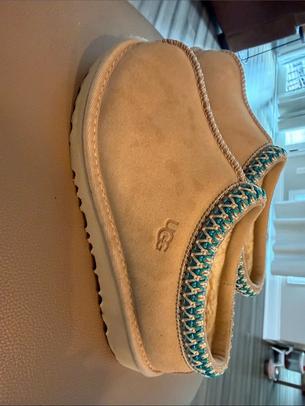 UGG Beige Shearling-Lined Ballet Slippers with Teal Trim